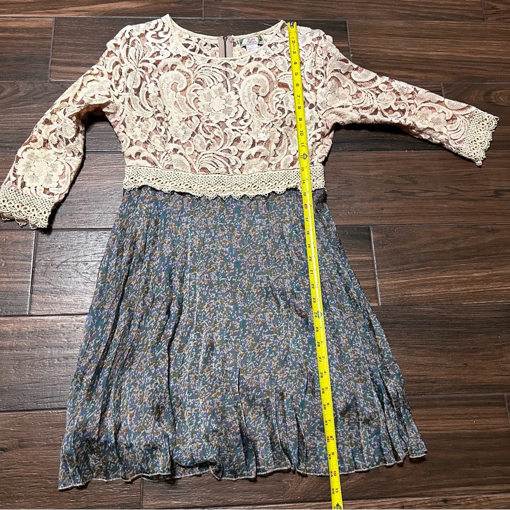 Flying Tomato Women’s Lace Dress 3/4 Sleeve Large Tan Cream Teal - Picture 6 of 10
